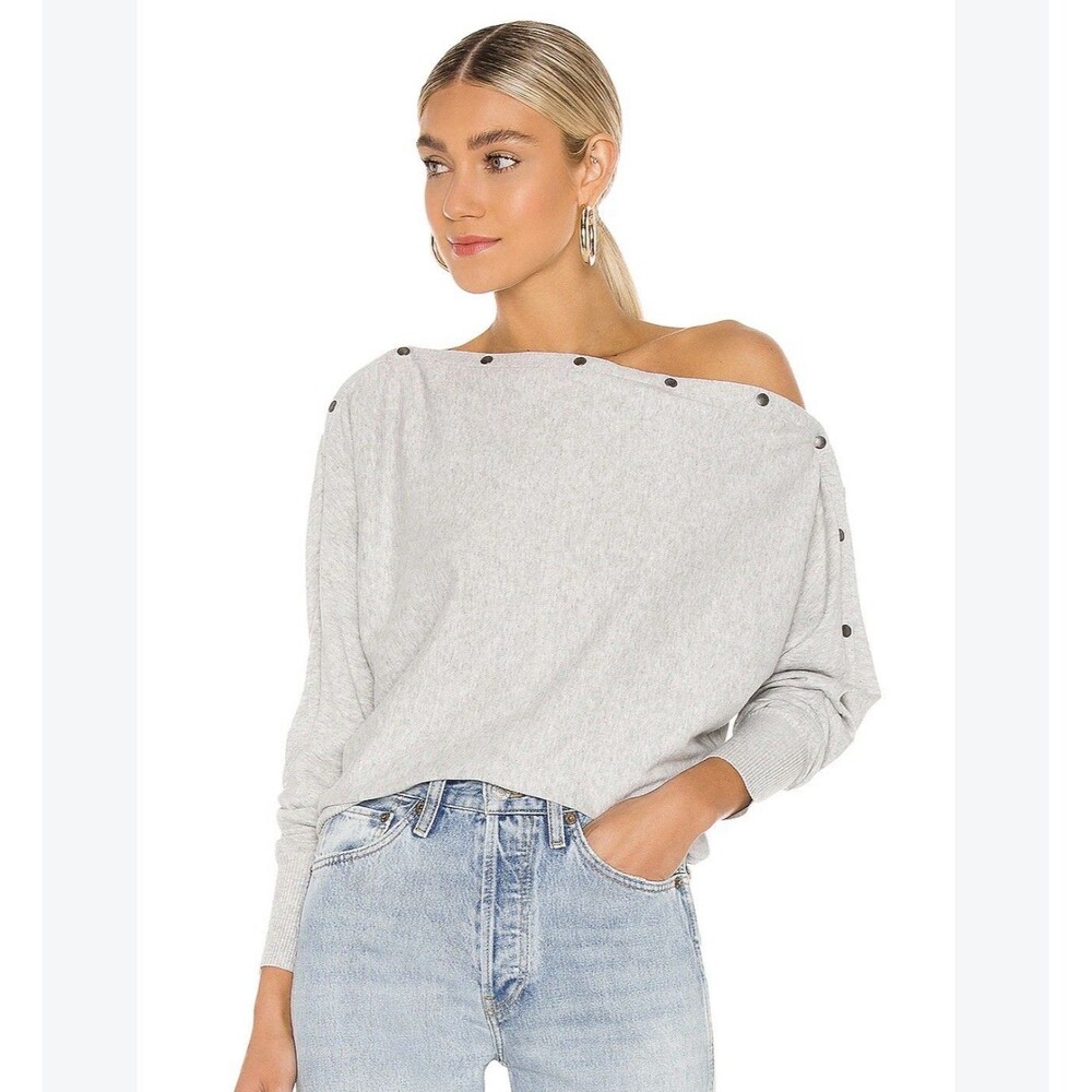All Saints Ellie Jumper Sweatshirt Sz L Grey Snap Shoulder Dolman Sleeves Cotton